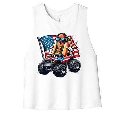 4th Of July Hot Dog Sunglasses Patriotic Monster Truck Boy Women's Racerback Cropped Tank