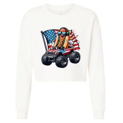 4th Of July Hot Dog Sunglasses Patriotic Monster Truck Boy Cropped Pullover Crew