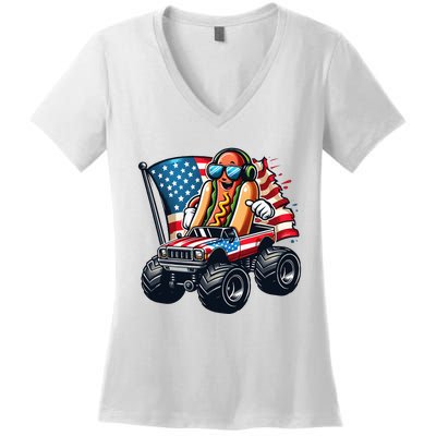 4th Of July Hot Dog Sunglasses Patriotic Monster Truck Boy Women's V-Neck T-Shirt