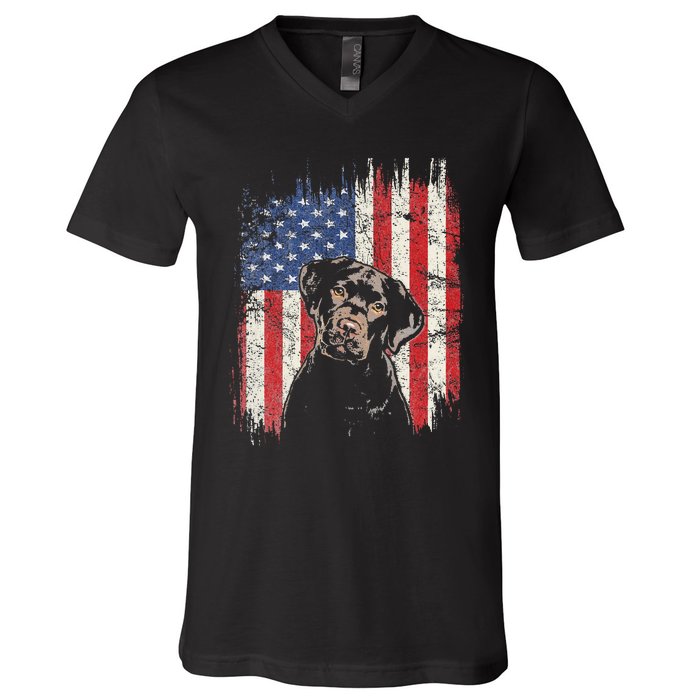 4th Of July Labrador American Flag Patriotic Chocolate Lab V-Neck T-Shirt