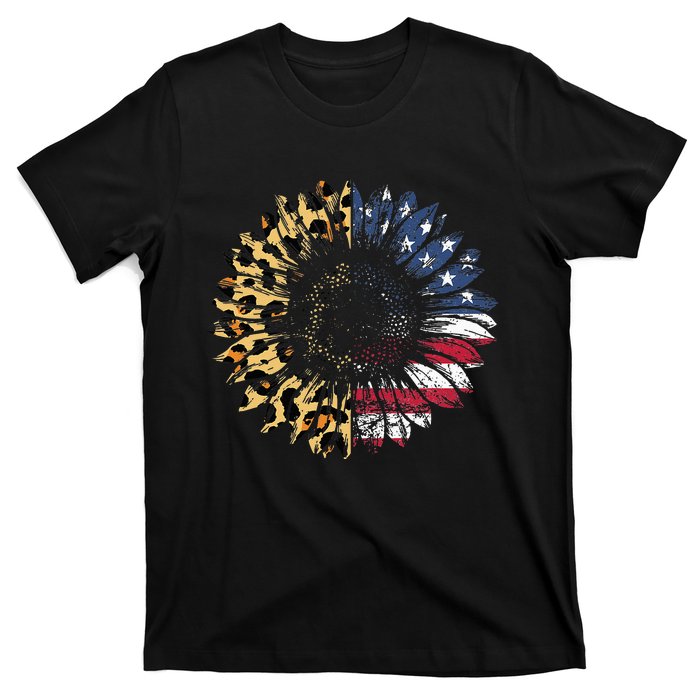 4th Of July Sunflower American Flag Leopard Funny Women Kids T-Shirt