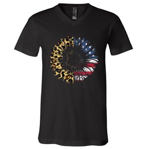 4th Of July Sunflower American Flag Leopard Funny Women Kids V-Neck T-Shirt