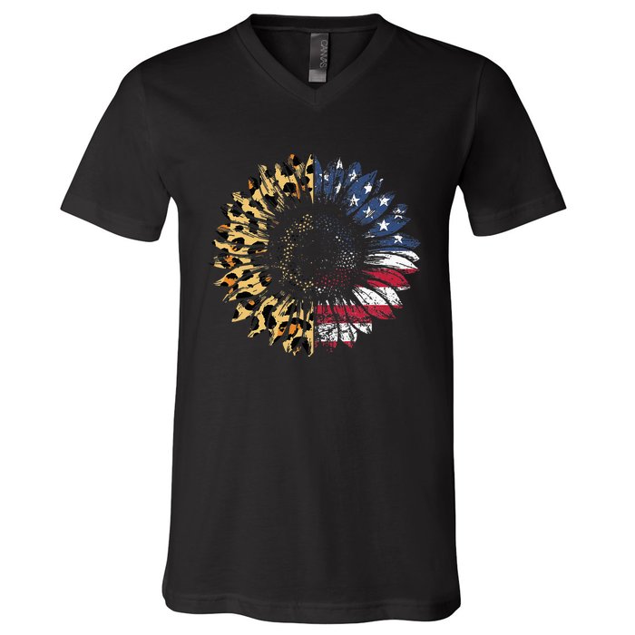 4th Of July Sunflower American Flag Leopard Funny Women Kids V-Neck T-Shirt