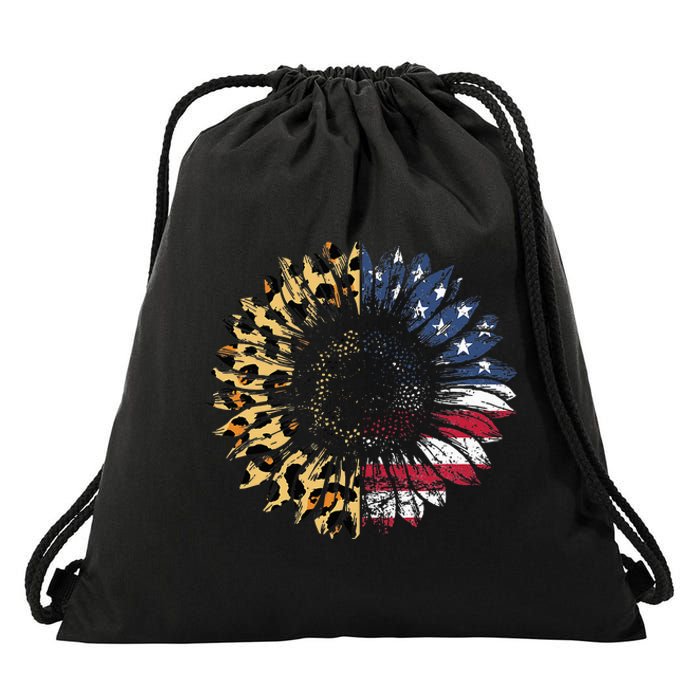 4th Of July Sunflower American Flag Leopard Funny Women Kids Drawstring Bag