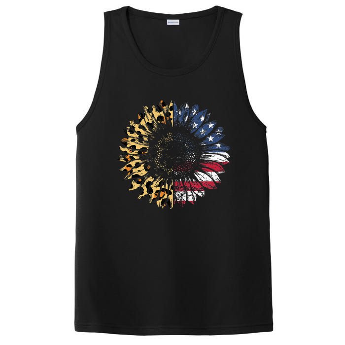 4th Of July Sunflower American Flag Leopard Funny Women Kids PosiCharge Competitor Tank