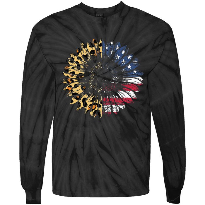 4th Of July Sunflower American Flag Leopard Funny Women Kids Tie-Dye Long Sleeve Shirt