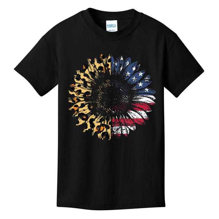 4th Of July Sunflower American Flag Leopard Funny Women Kids Kids T-Shirt