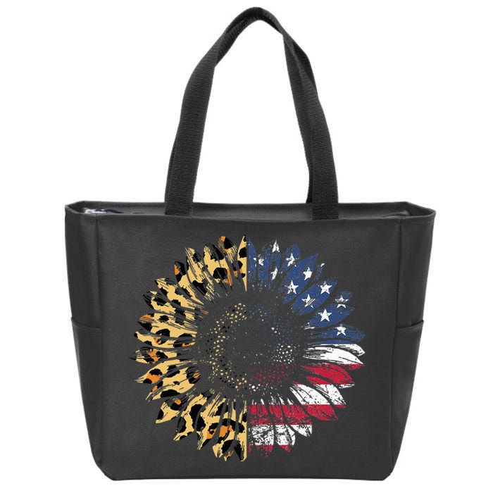 4th Of July Sunflower American Flag Leopard Funny Women Kids Zip Tote Bag