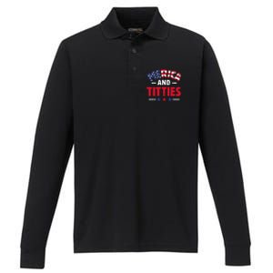 4th of July Merica and Titties Funny Performance Long Sleeve Polo