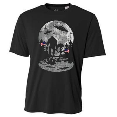 4th of July Bigfoot Alien UFO Funny Patriotic Cooling Performance Crew T-Shirt