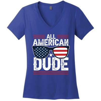 4th Of July All American Dude Sunglasses Usa Flag Patriotic Gift Women's V-Neck T-Shirt