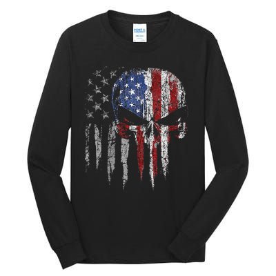 4th Of July For Women American Flag Skull Skeleton Tall Long Sleeve T-Shirt