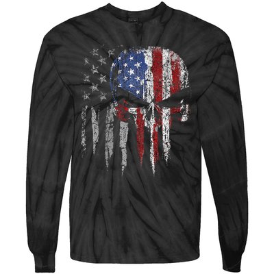 4th Of July For Women American Flag Skull Skeleton Tie-Dye Long Sleeve Shirt