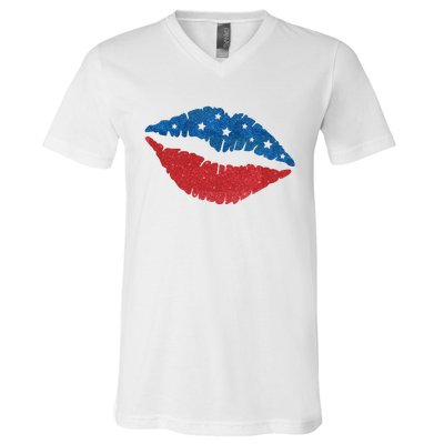 4th Of July Lips Celebration V-Neck T-Shirt