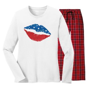 4th Of July Lips Celebration Women's Long Sleeve Flannel Pajama Set 