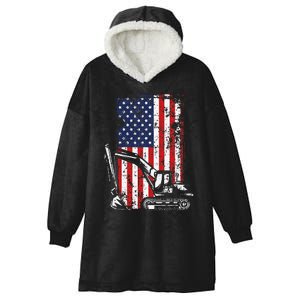 4th of July American Flag Construction Backhoe Excavator Hooded Wearable Blanket