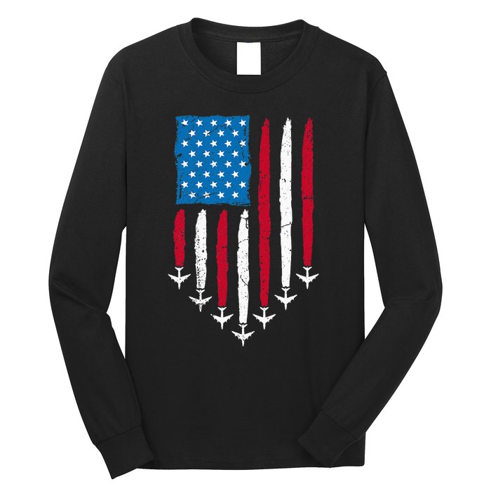 4th Of July Fourth 4 Patriotic Usa Flag Fighter Jets Long Sleeve Shirt