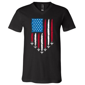 4th Of July Fourth 4 Patriotic Usa Flag Fighter Jets V-Neck T-Shirt