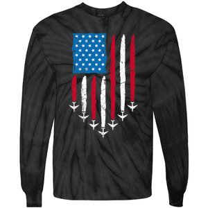 4th Of July Fourth 4 Patriotic Usa Flag Fighter Jets Tie-Dye Long Sleeve Shirt