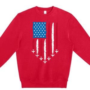 4th Of July Fourth 4 Patriotic Usa Flag Fighter Jets Premium Crewneck Sweatshirt