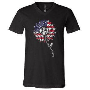 4th Of July Be Kind Sunflower Red White And Blue V-Neck T-Shirt