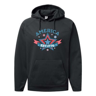 4th Of July Retro America Est. 1776 Gift Performance Fleece Hoodie