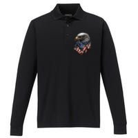 4th Of July Bald Eagle American US Flag Country 4th Of July Performance Long Sleeve Polo