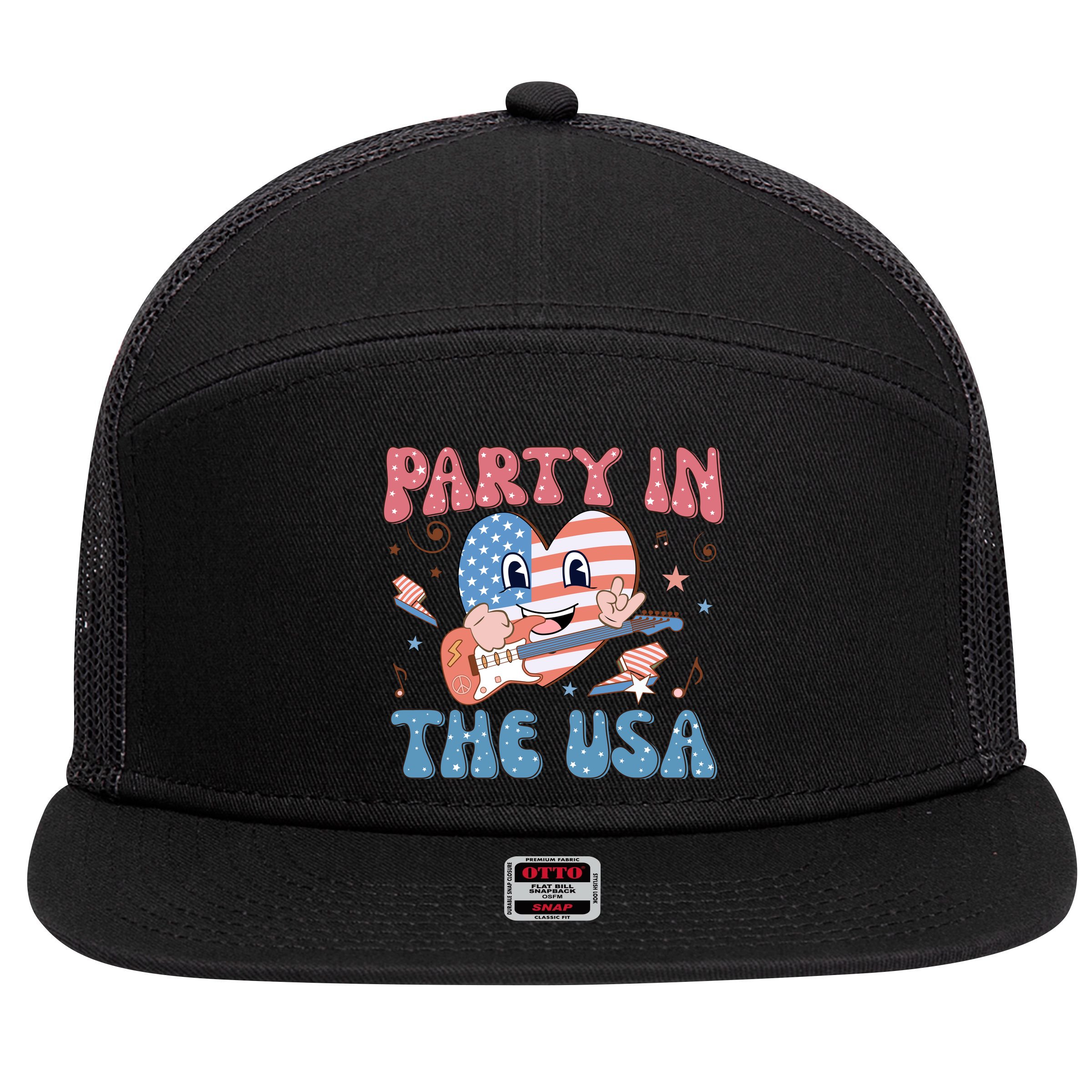 4th Of July Retro Funny Party In The USA Music Gift 7 Panel Mesh Trucker Snapback Hat