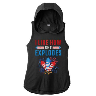 4th Of July I Like How She Explodes Firework USA Flag Ladies PosiCharge Tri-Blend Wicking Draft Hoodie Tank