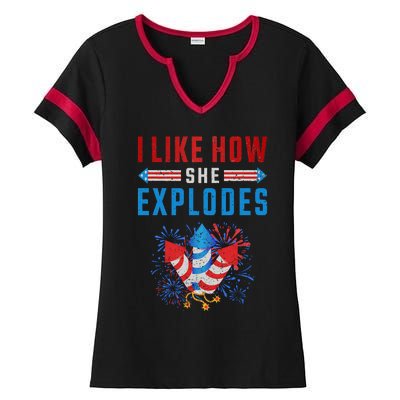 4th Of July I Like How She Explodes Firework USA Flag Ladies Halftime Notch Neck Tee