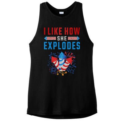 4th Of July I Like How She Explodes Firework USA Flag Ladies PosiCharge Tri-Blend Wicking Tank