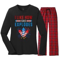 4th Of July I Like How She Explodes Firework USA Flag Women's Long Sleeve Flannel Pajama Set 