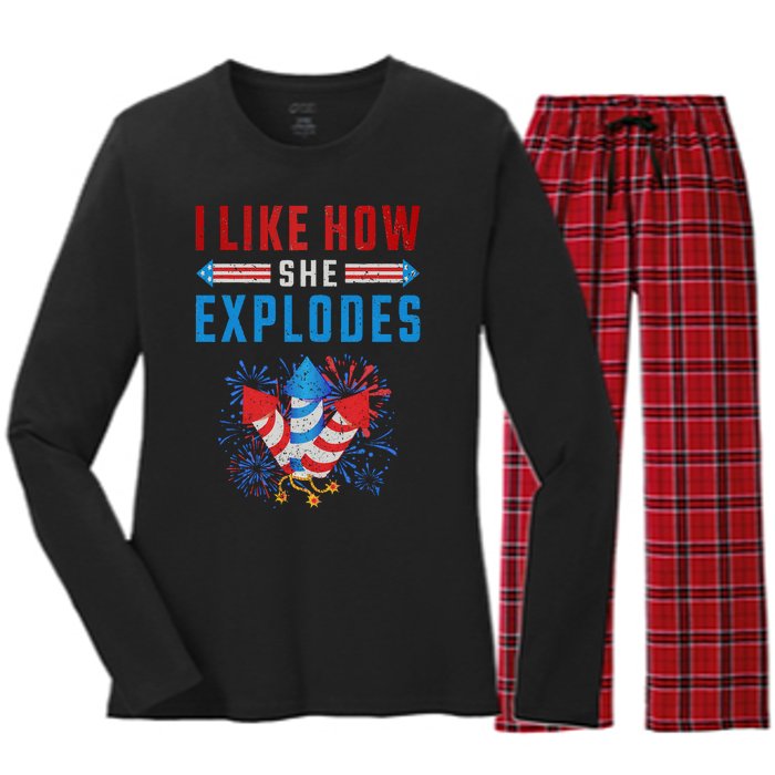 4th Of July I Like How She Explodes Firework USA Flag Women's Long Sleeve Flannel Pajama Set 