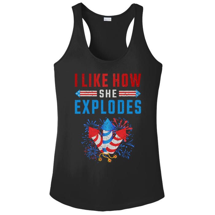 4th Of July I Like How She Explodes Firework USA Flag Ladies PosiCharge Competitor Racerback Tank