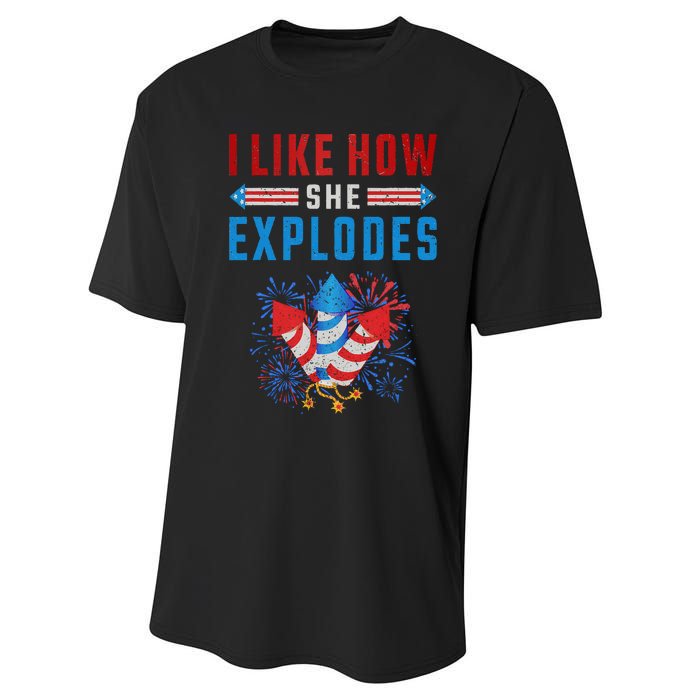 4th Of July I Like How She Explodes Firework USA Flag Performance Sprint T-Shirt