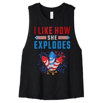 4th Of July I Like How She Explodes Firework USA Flag Women's Racerback Cropped Tank