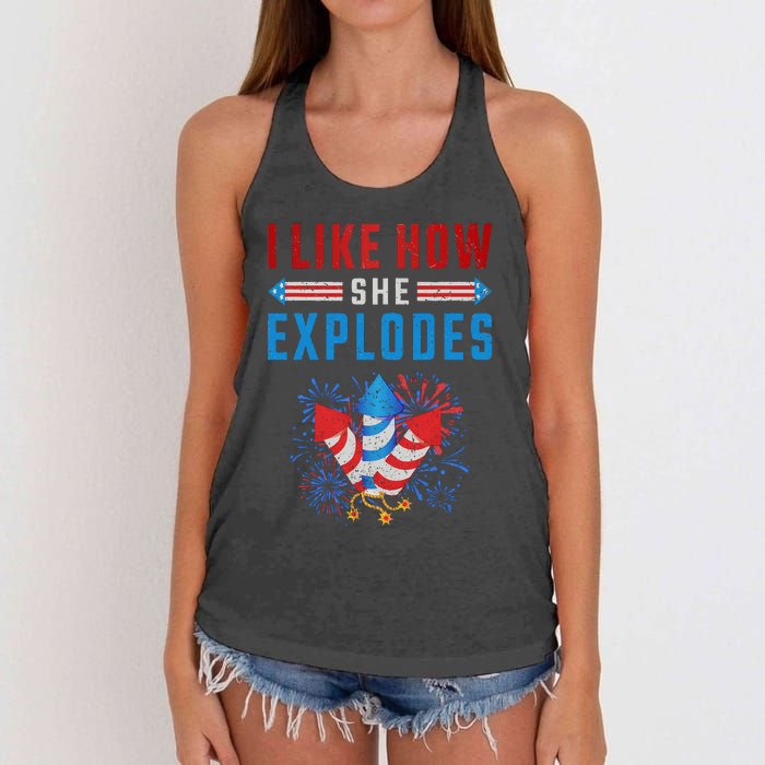 4th Of July I Like How She Explodes Firework USA Flag Women's Knotted Racerback Tank