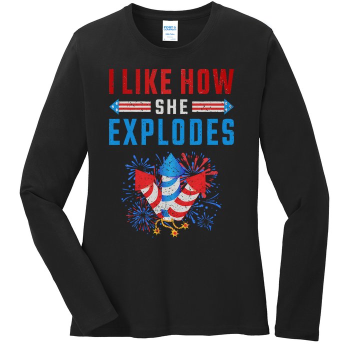 4th Of July I Like How She Explodes Firework USA Flag Ladies Long Sleeve Shirt