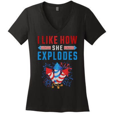 4th Of July I Like How She Explodes Firework USA Flag Women's V-Neck T-Shirt