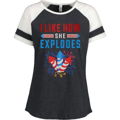 4th Of July I Like How She Explodes Firework USA Flag Enza Ladies Jersey Colorblock Tee