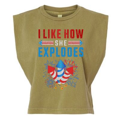 4th Of July I Like How She Explodes Firework USA Flag Garment-Dyed Women's Muscle Tee