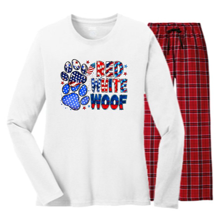 4th Of July Red White Woof Women's Long Sleeve Flannel Pajama Set 