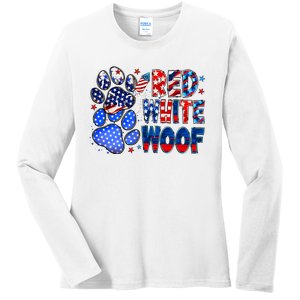 4th Of July Red White Woof Ladies Long Sleeve Shirt