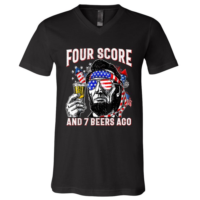 4th Of July Drinking Beer Patriot Four Score And 7 Beers Ago V-Neck T-Shirt