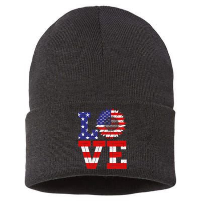4th Of July Love Sunflower Patriotic Sustainable Knit Beanie