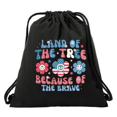 4th Of July Retro Land Of The Tree Because Of The Brave Gift Drawstring Bag