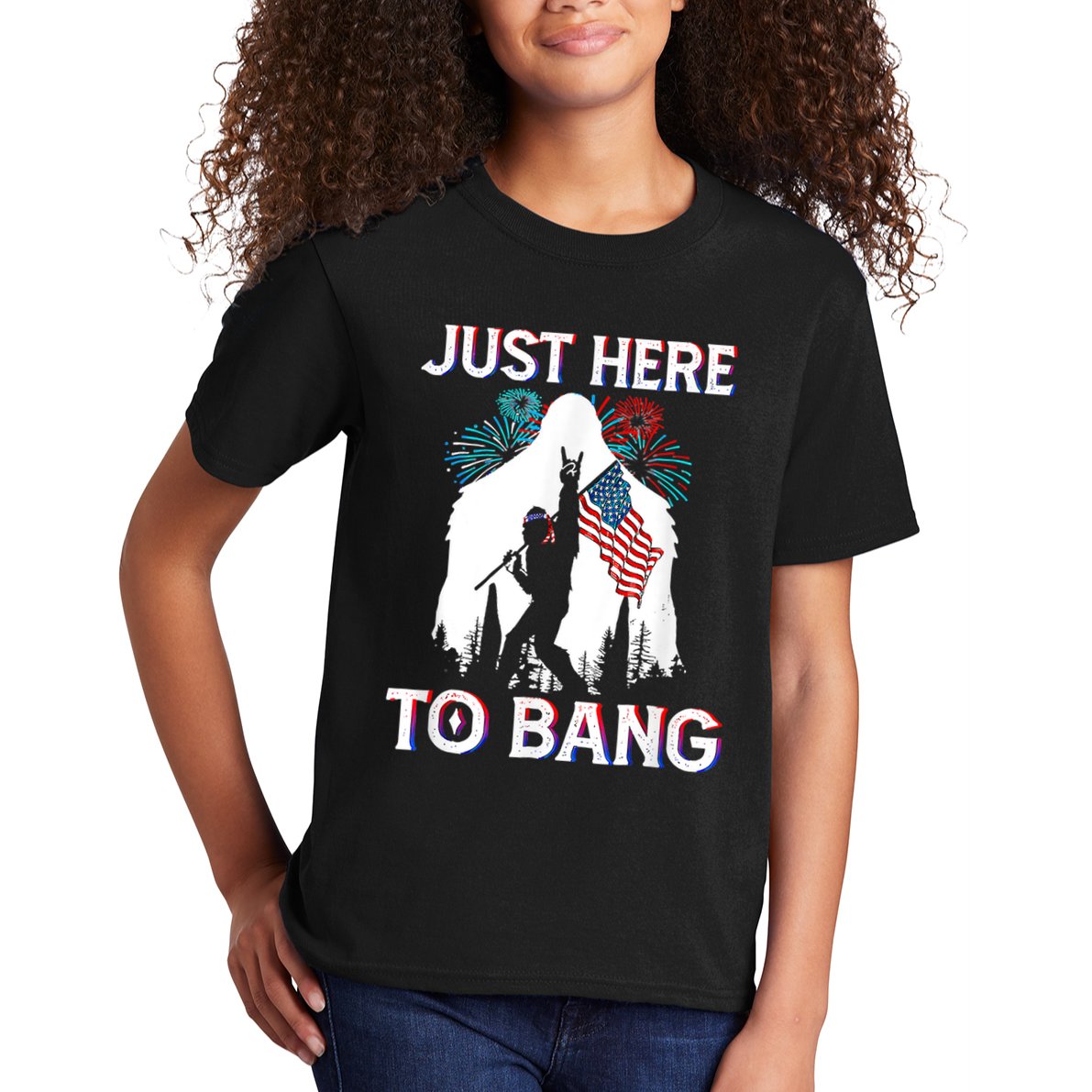 4th Of July Bigfoot Sasquatch Just Here To Bang Funny Kids T-Shirt