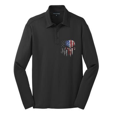 4th Of July For Women American Flag Skull Skeleton Silk Touch Performance Long Sleeve Polo