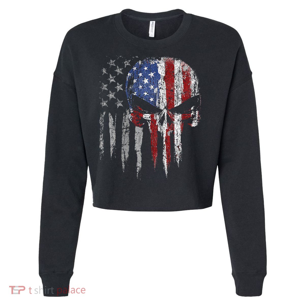 4th Of July For Women American Flag Skull Skeleton Cropped Pullover Crew