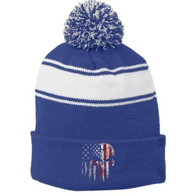 4th Of July For Women American Flag Skull Skeleton Stripe Pom Pom Beanie